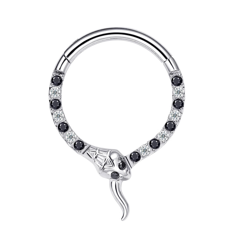 16G ASTM F136 Titanium Snake Septum Clicker 10mm - Black & White CZ Hinged Segment Ring