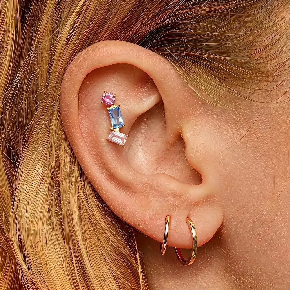 Gold Titanium Geometric Flat Back - Tri Color CZ Tipiercing