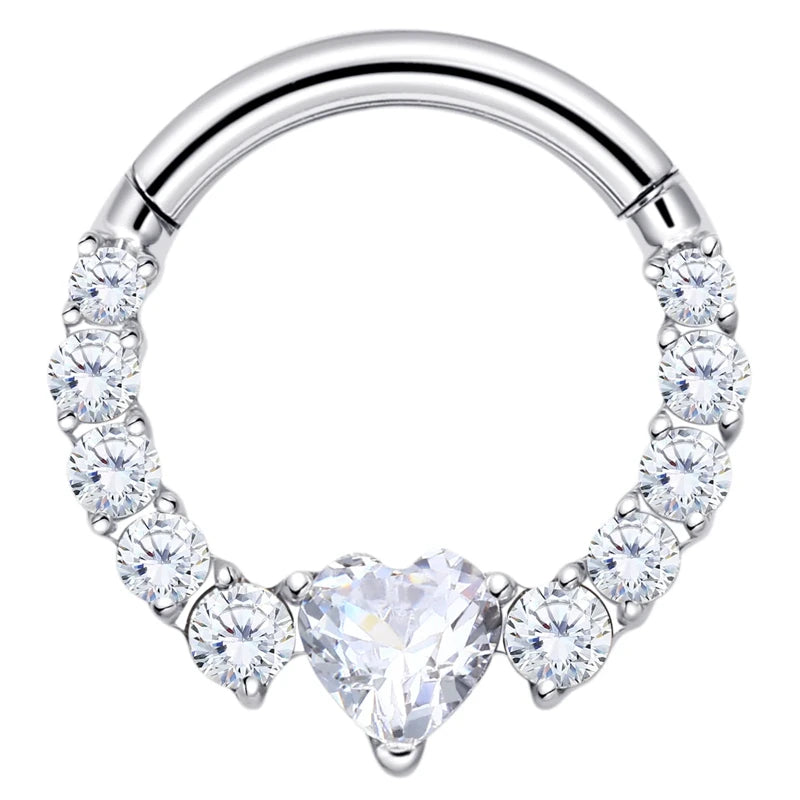 16G Heart CZ Hinged Ring – Titanium Cartilage Hoop