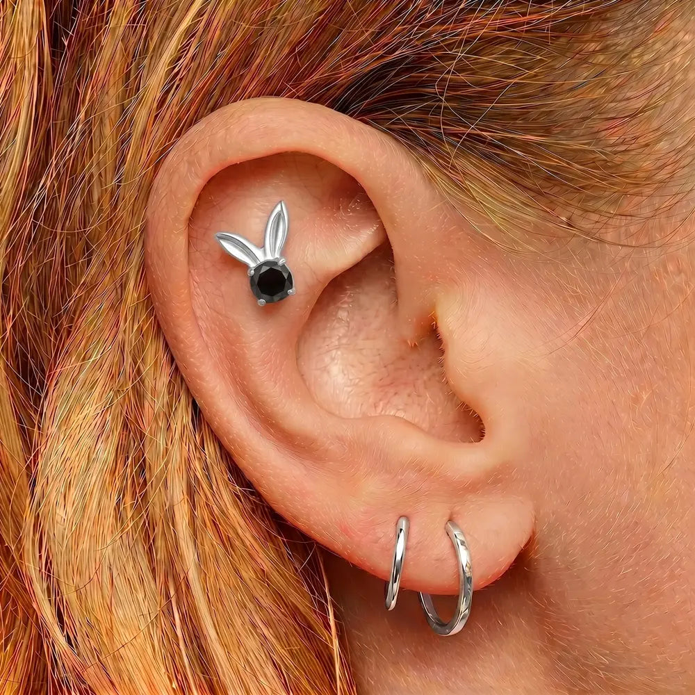 Silver Titanium Bunny Threadless Flat Back Labret—Black CZ |Tipiercing