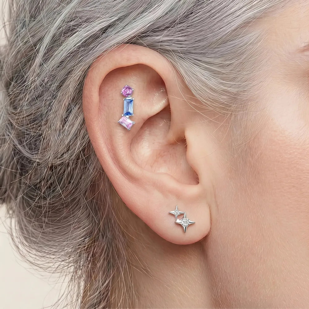 Silver Titanium Geometric Flat Back - Tri Color CZ Tipiercing