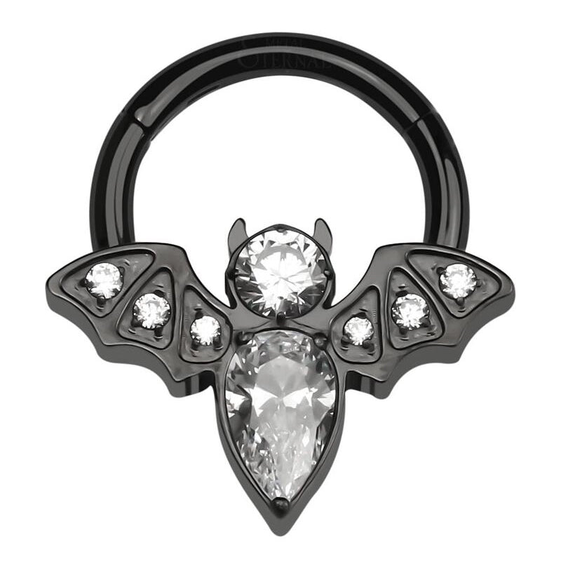 Tipiercing Black PVD ASTM F136 Titanium Bat Septum Clicker with 5A Clear CZ, 16G 8mm - Gothic hinged nose piercing jewelry