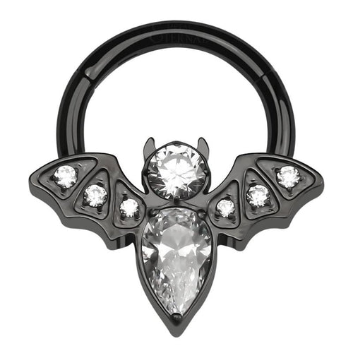 Tipiercing Black PVD ASTM F136 Titanium Bat Septum Clicker with 5A Clear CZ, 16G 8mm - Gothic hinged nose piercing jewelry