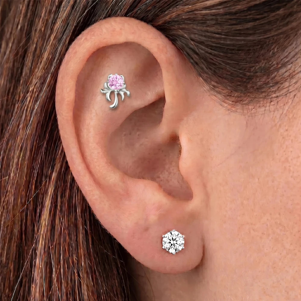 Titanium Baroque Vine Threadless Flat Back — Pink CZ