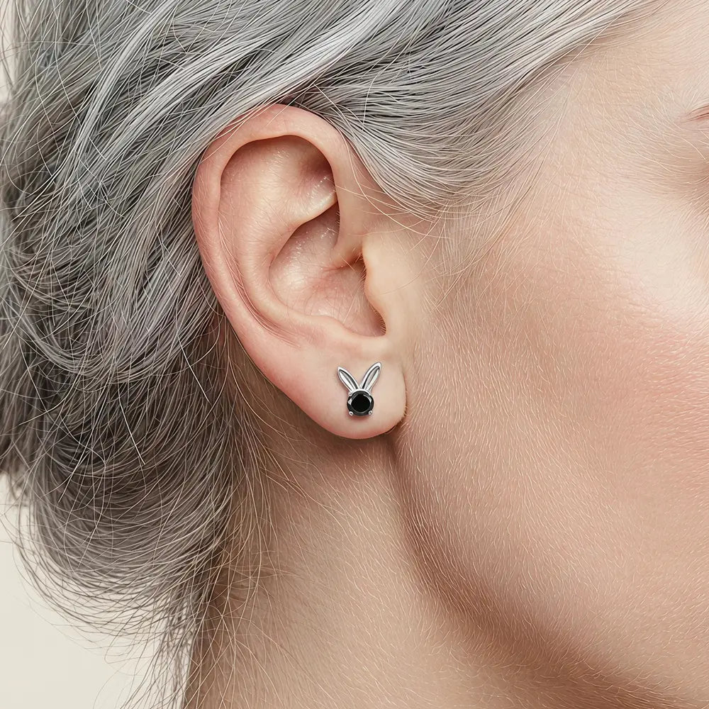 Titanium Bunny Threadless Flat Back Labret—Black CZ Silver for Lobe Tipiercing