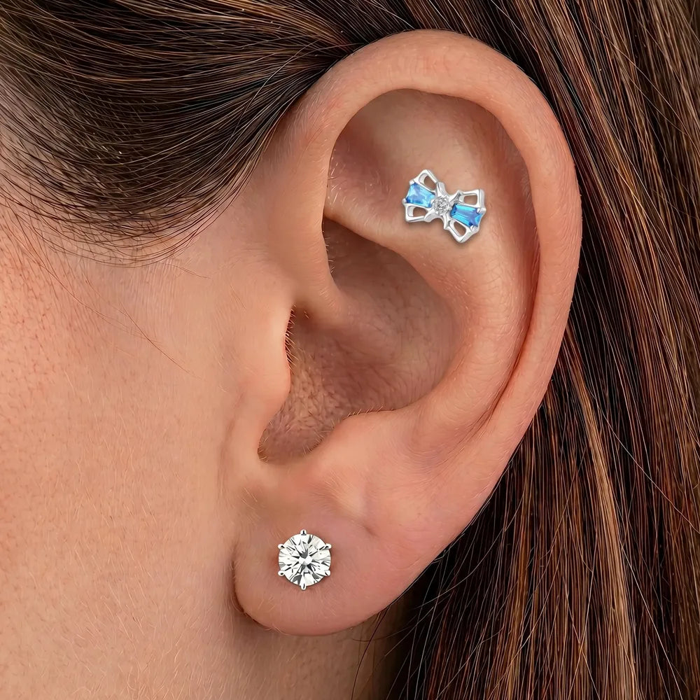 Titanium Cyber Bow Threadless Flat Back — Blue CZ  Tipiercing