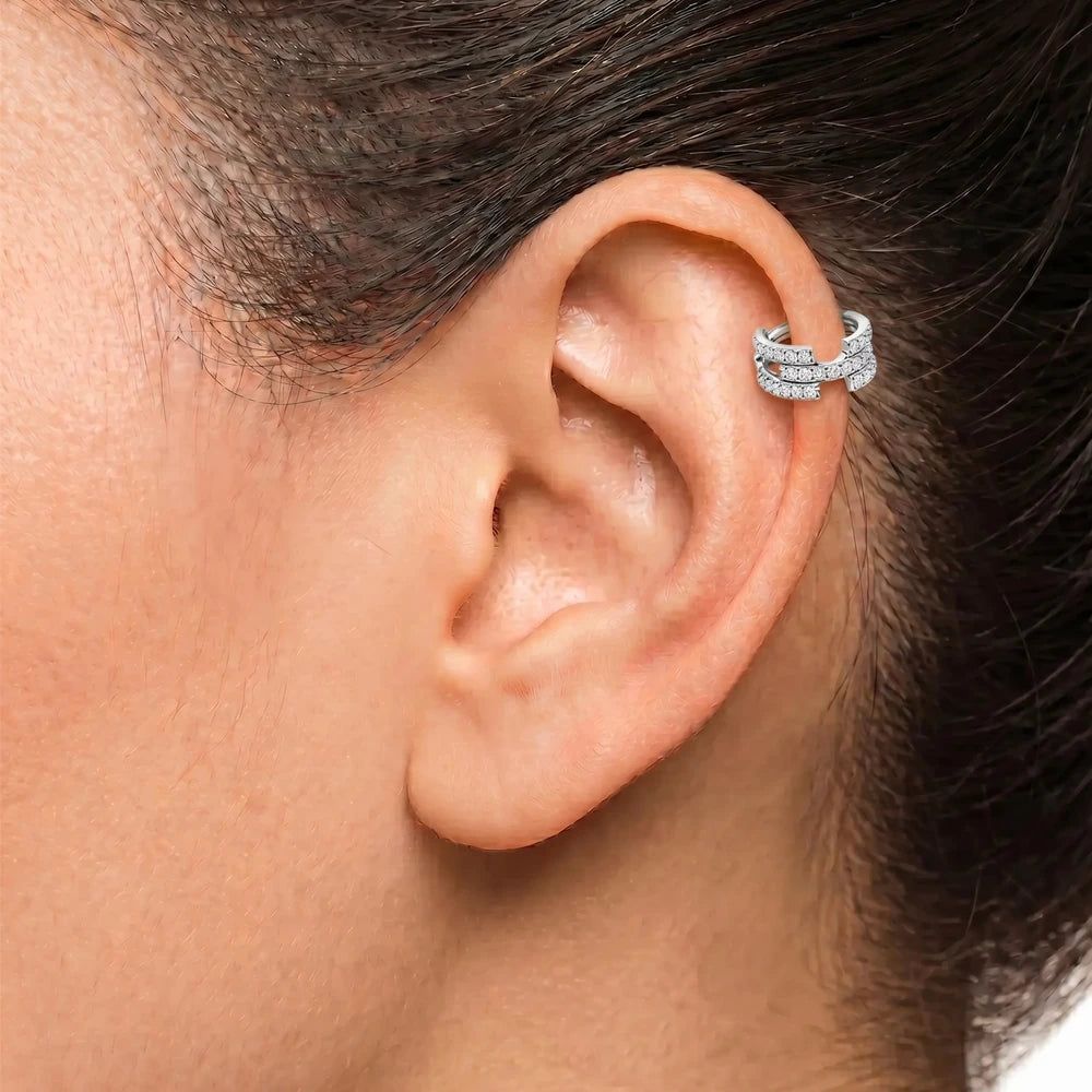 Titanium Double Row CZ Hinged Hoop Huggie Ring for Helix - Tipiercing
