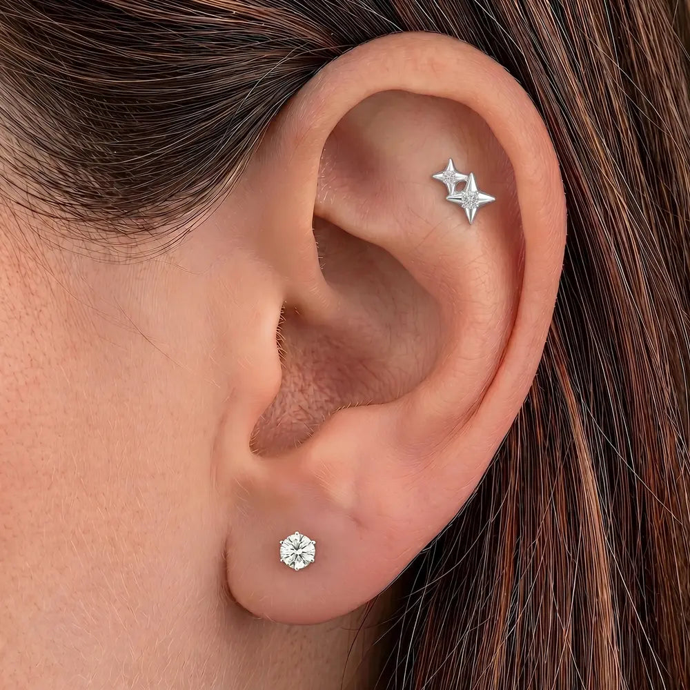 Titanium Double Star Threadless Flat Back — CZ Stud for Women Model