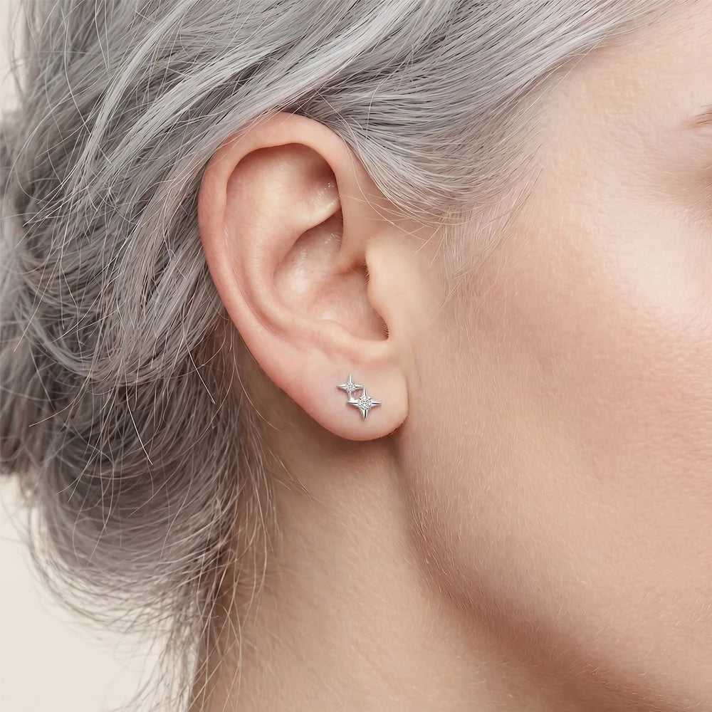 Titanium Double Star Threadless Flat Back — Lobe CZ Stud for Women Model