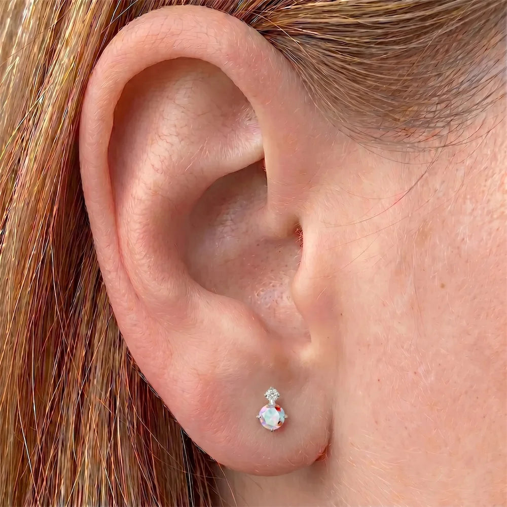 Titanium Double Stone Threadless Flat Back — Aurora Borealis CZ Stud Silver