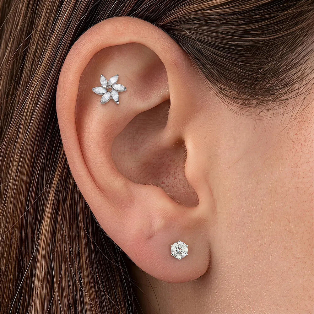 Titanium Marquise Flower Threadless Flat Back Stud Model effect-Tipiercing