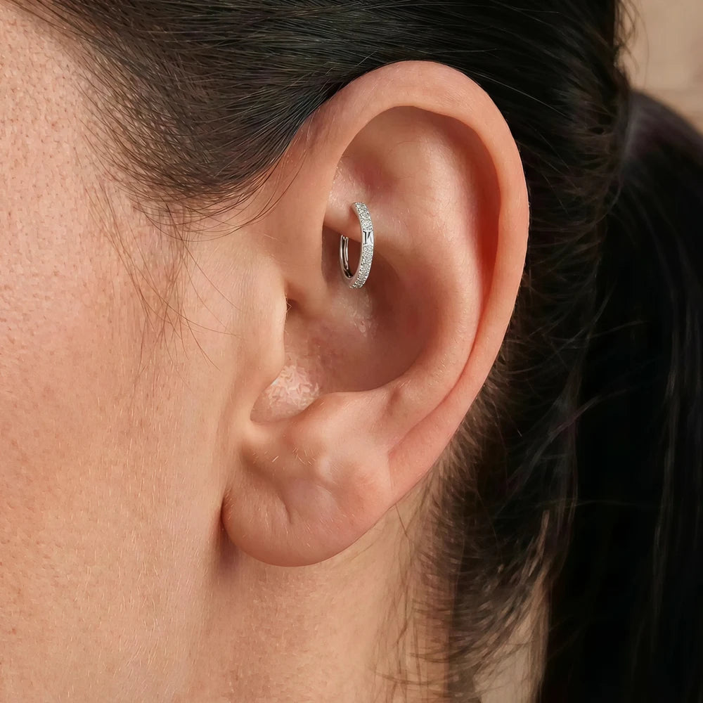 Titanium Paved CZ Hinged Huggie Hoop for Rook - Tipiercing