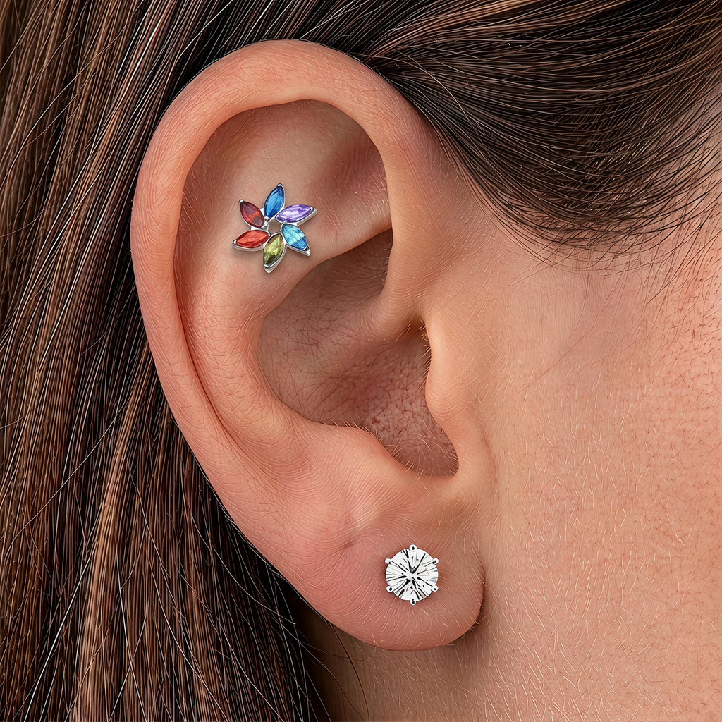 a Woman Wearing Titanium Rainbow Marquise Threadless Flat Back — Pride CZ Stud