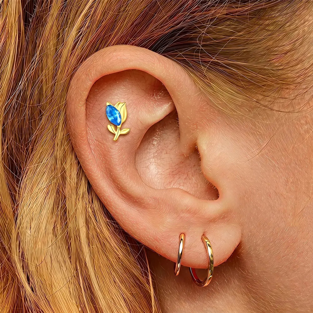 Titanium Tulip Threadless Flat Back — Marquise Blue CZ Stud