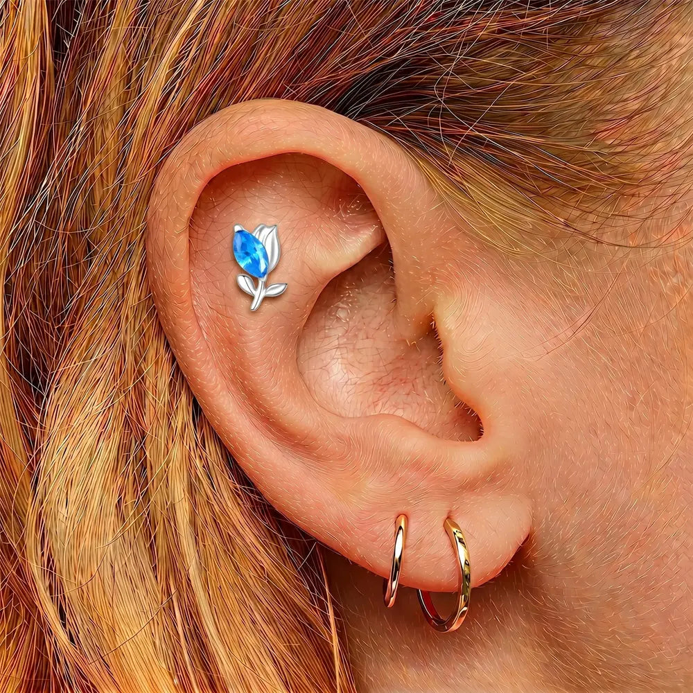 Titanium Tulip Threadless Flat Back — Marquise Blue CZ Stud