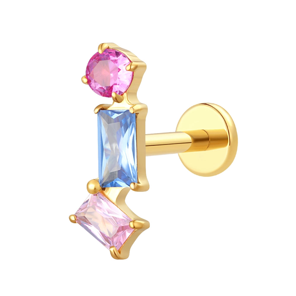 Gold Titanium Geometric Tri-Color CZ Flat Back Stud