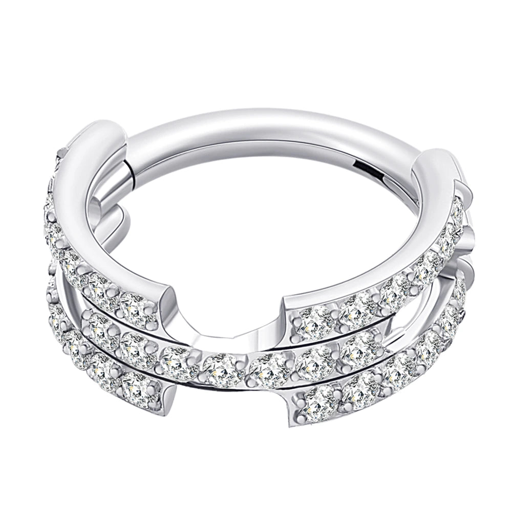 titanium double row cz hinged hoop huggie clicker Silver color
