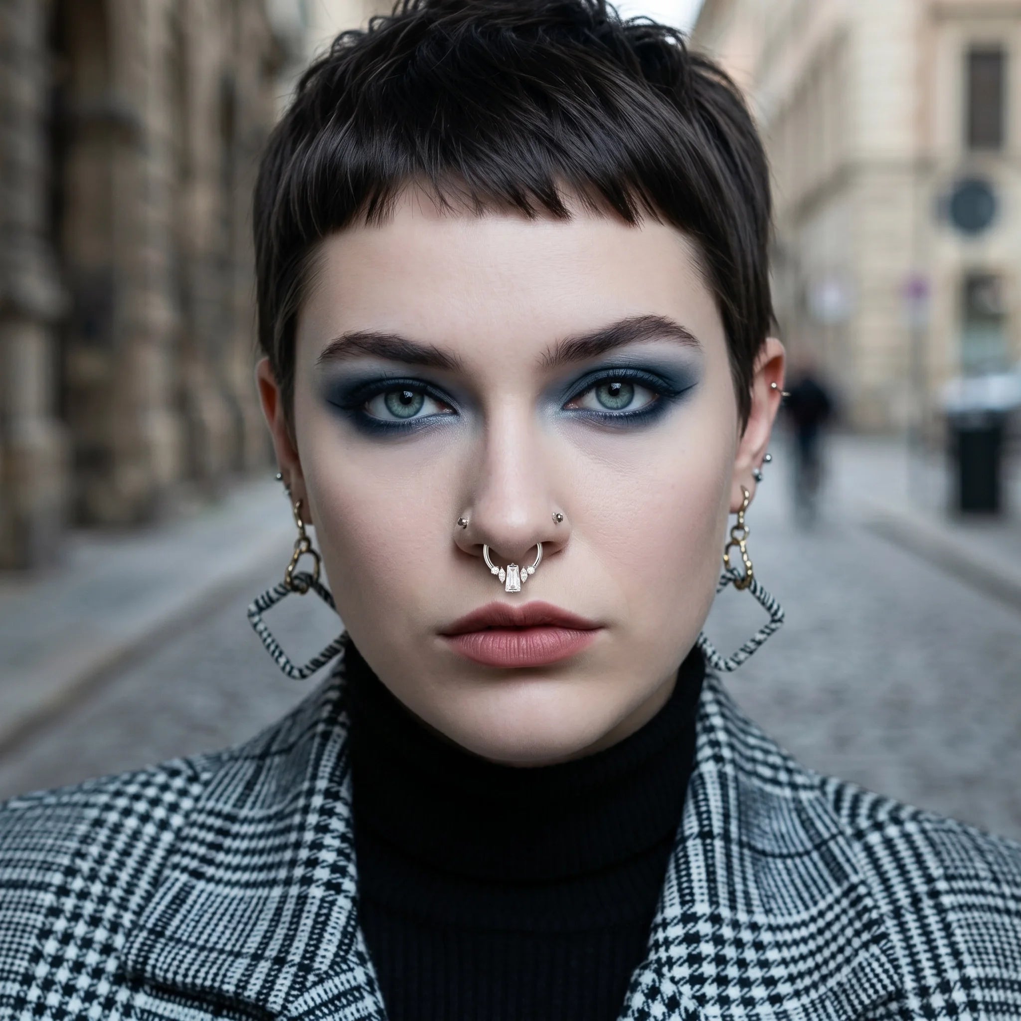 woman wearing crown clicker daith piercing art deco tipiercing