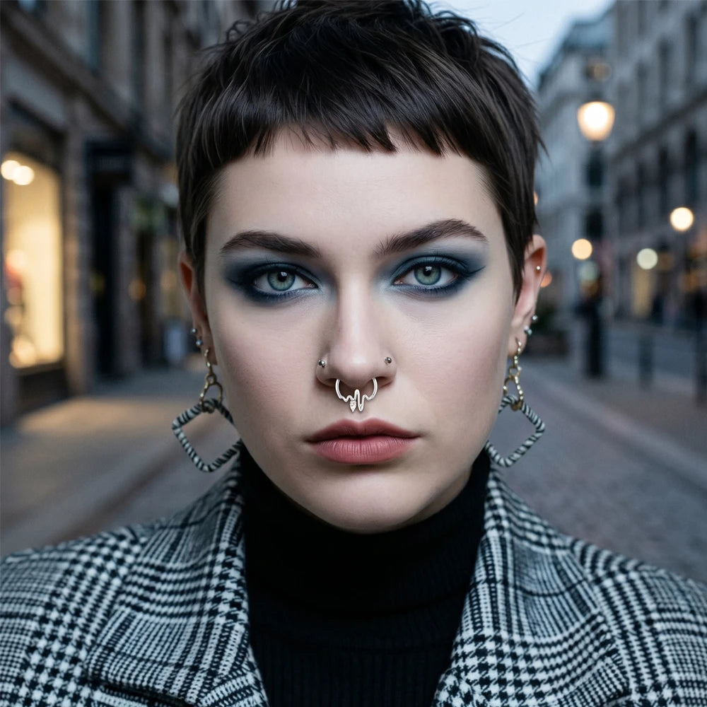 woman wearing silver molten septum clicker y2k style tipiercing